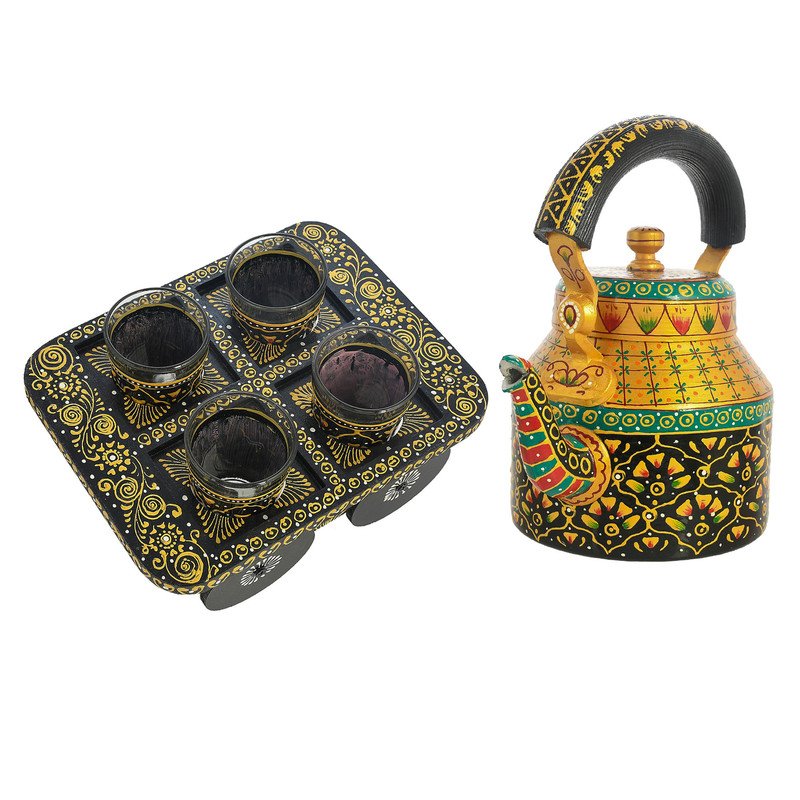 HandPainted Alluminium Tea Kettle with Four Glasses and Wooden Tray For Home Décor , Tea Party , Serving - Image 2